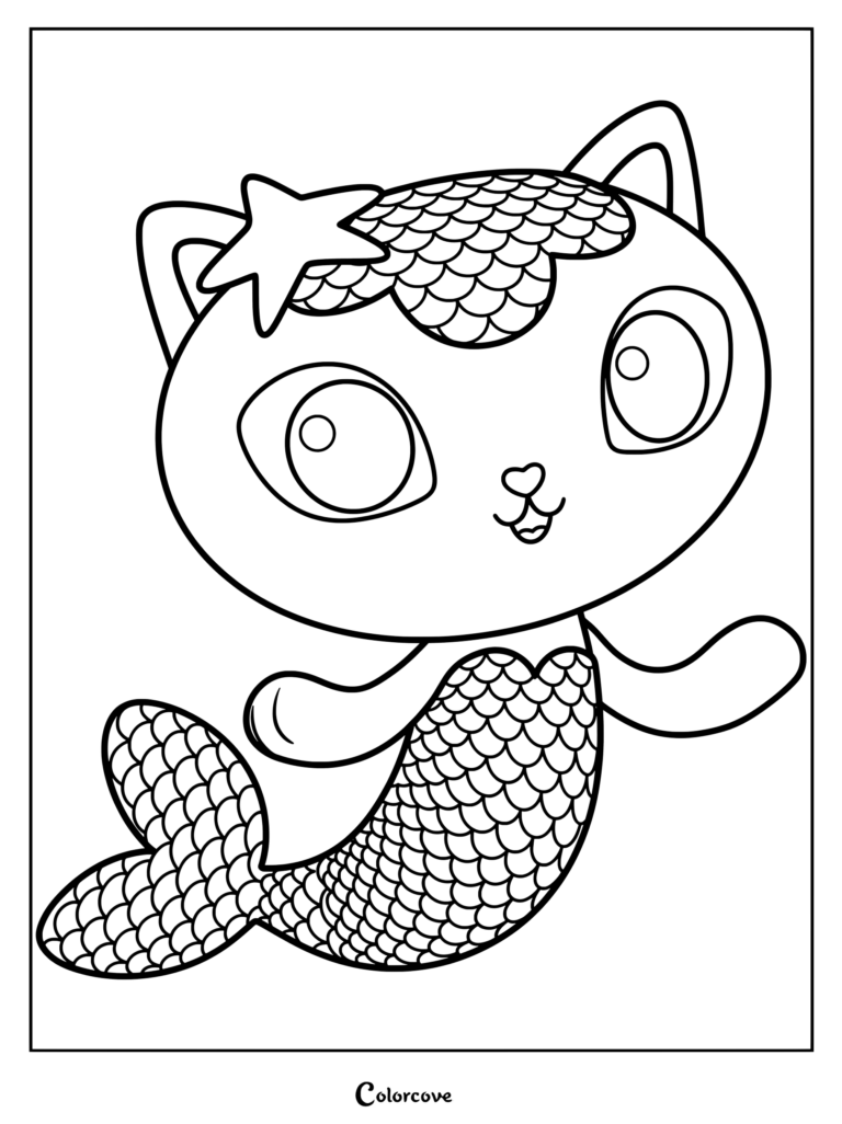 MerCat from Gabby's Dollhouse featuring scaly tail and starfish hair accessory in an outline coloring page