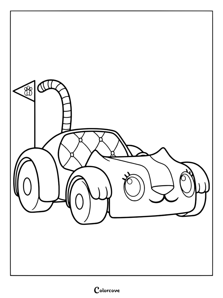 Carlita coloring page featuring the friendly cat-car hybrid with a striped tail and flag