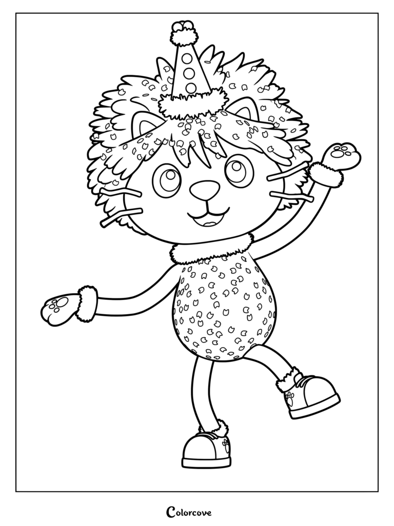 Party Cat from Gabby's Dollhouse wearing a party hat and sprinkles in a fun coloring page