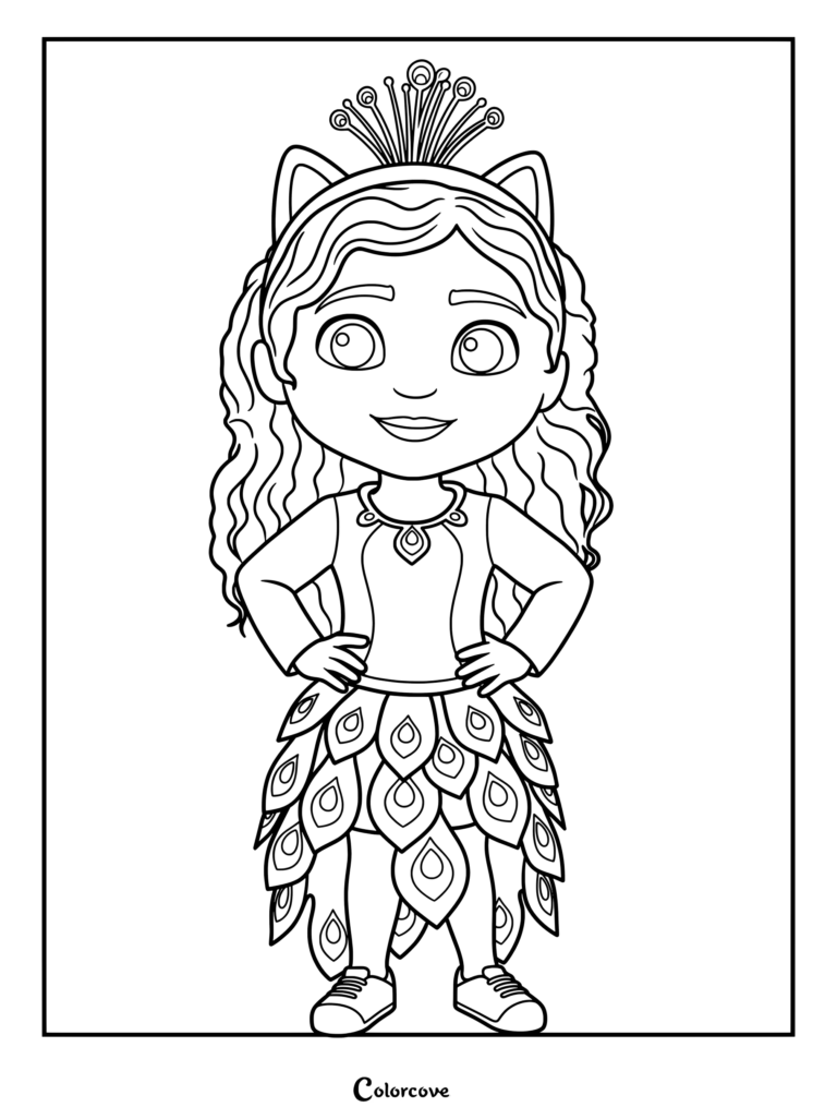 Peacock Gabby coloring page featuring the character wearing a peacock feather skirt and tiara