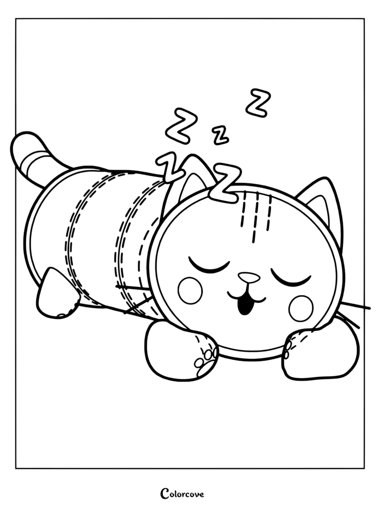 Pillow Cat coloring page showing the character sleeping peacefully with ZZZ letters floating above