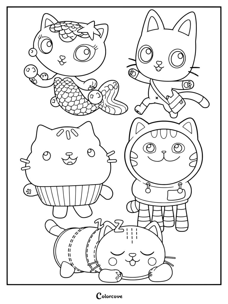 Characters from the animated series Gabby's Dollhouse smiling.