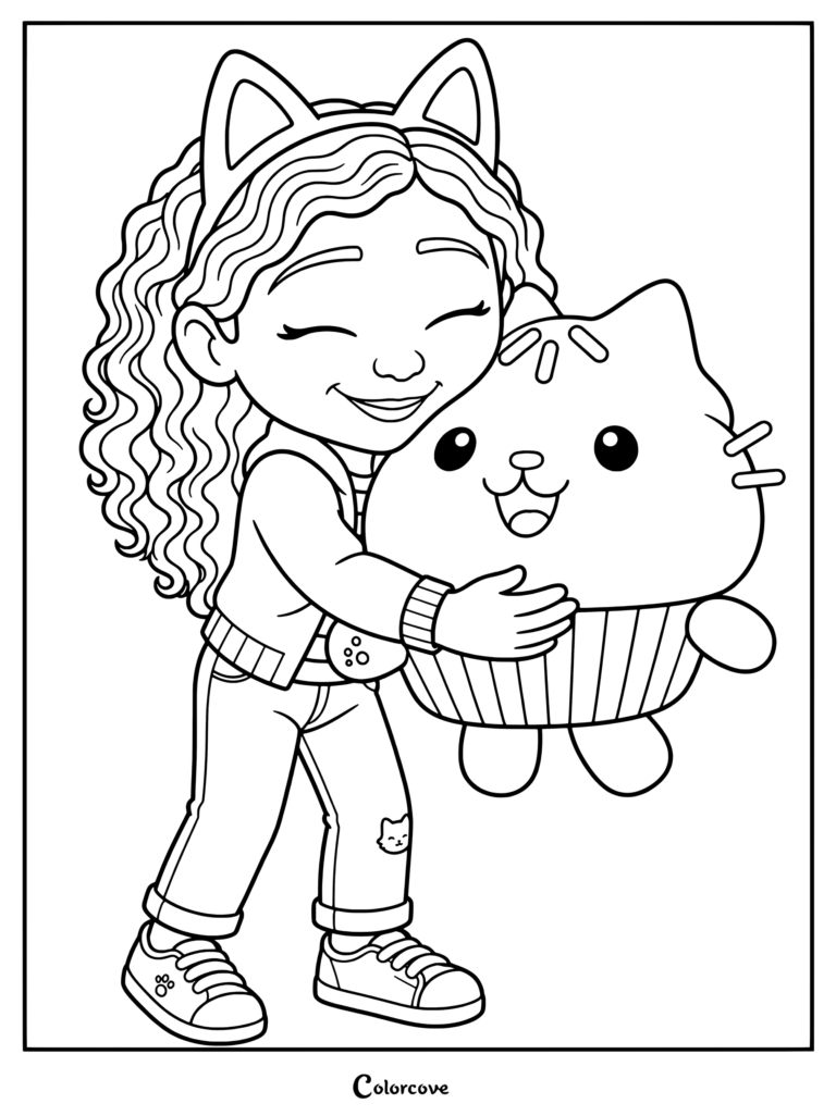 Gabby hugs her cute cupcake-shaped kitty friend, Cakey Cat.