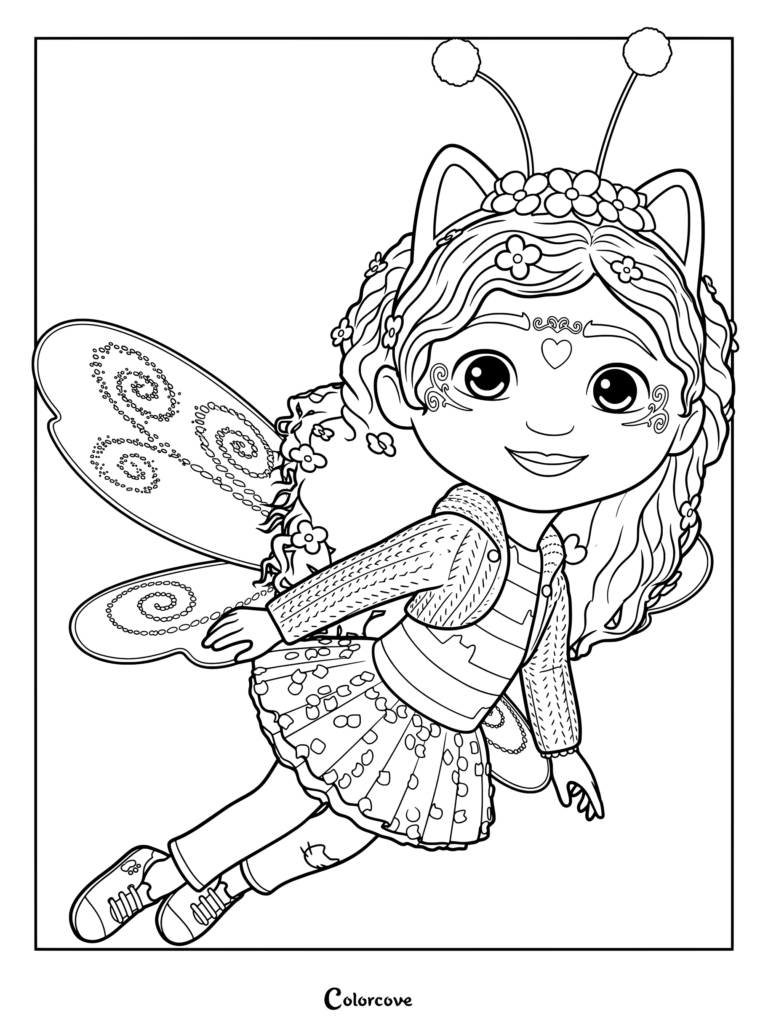 Gabby from Gabby's Dollhouse styled as a fairy with iridescent wings, a floral headband with antennae, and a colorful pastel tutu coloring page