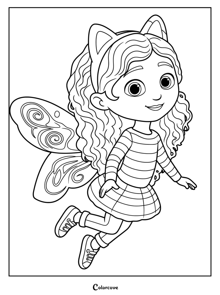 Gabby from Gabby's Dollhouse dressed in a colorful rainbow outfit with pink fairy wings and cat ears coloring page