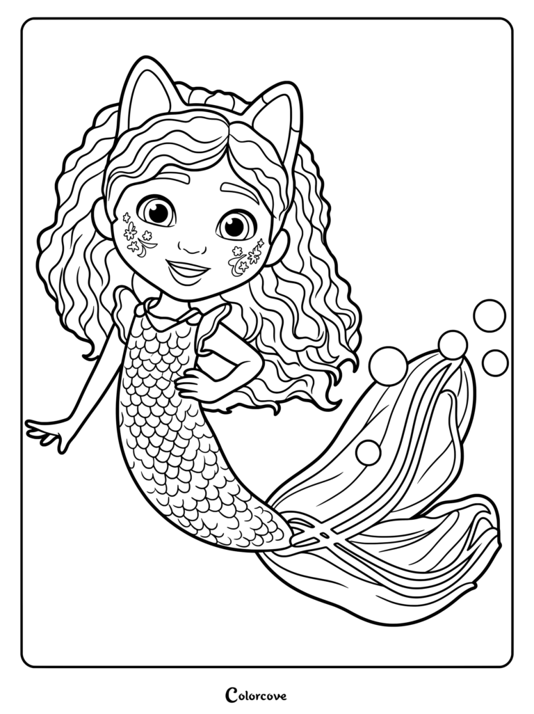 Gabby Girl in her magical mermaid form with a sparkling pink tail and bright blue and purple hair inspired by Gabbys Dollhouse The Movie coloring page