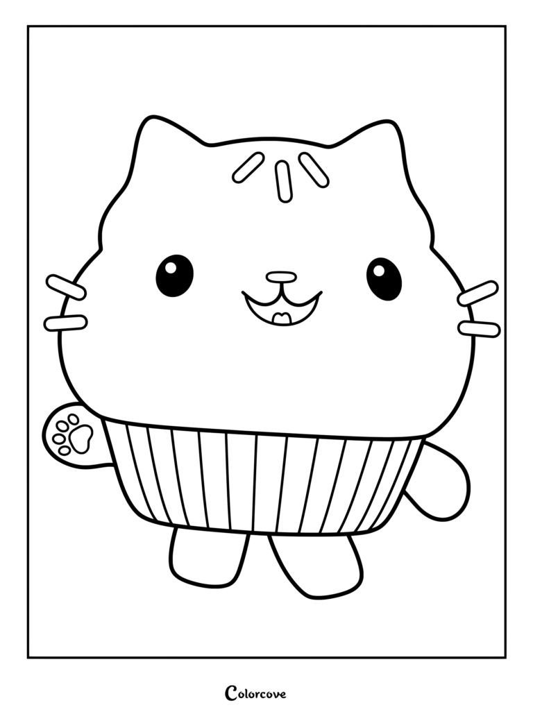 Cakey Cat coloring page featuring the smiling pastry cat character from Gabby's Dollhouse with sprinkle details.