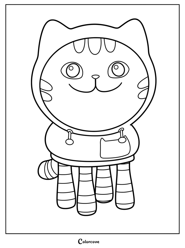 DJ Catnip from Gabby's Dollhouse coloring page standing with striped legs and hoodie