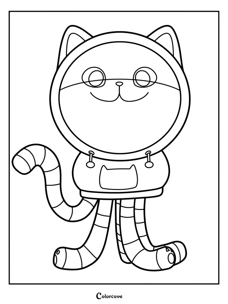DJ Comet coloring page featuring a character with a hooded cat-shaped head and striped tail.
