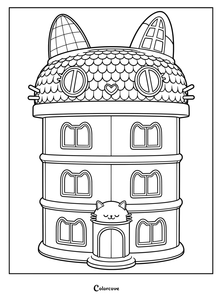 Gabby's Dollhouse coloring page featuring the iconic cat-themed multi-story building