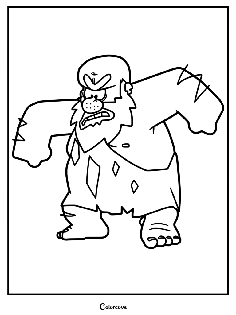 A printable coloring page featuring Cromugn from Gameoverse, depicted as a muscular, angry caveman character with a thick beard and tattered clothing.
