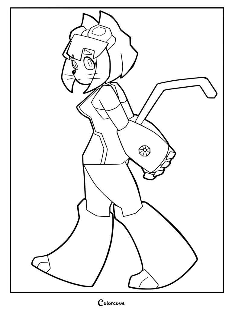 A black and white line art coloring page of Kit Bodega from Gameoverse, shown in profile view with her signature goggles and mechanical arm.