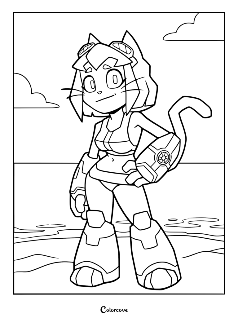 Kit from Gameoverse standing on a sandy beach in a swimsuit and robotic armor, black and white line art coloring page.