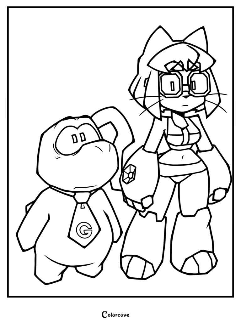 A printable coloring page featuring Kit Bodega standing next to Gobbles, both characters from the Gameoverse series, with clean line art.