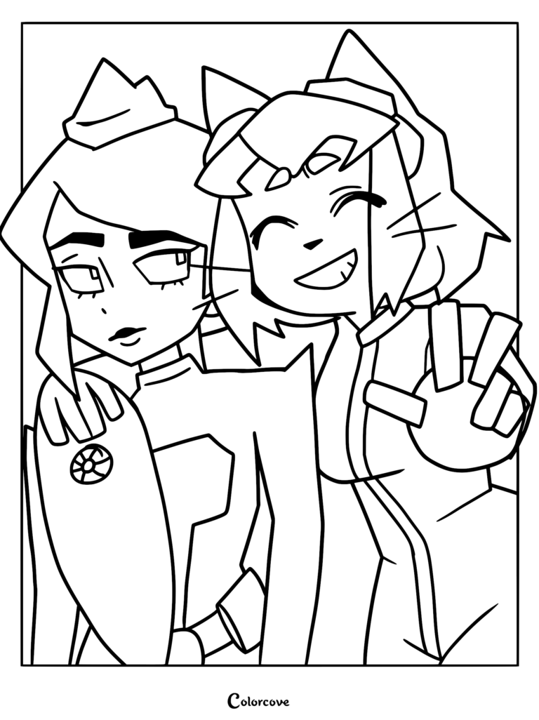 A line art coloring page featuring Kit Bodega smiling and holding up a peace sign while standing next to a stoic Miss Information.
