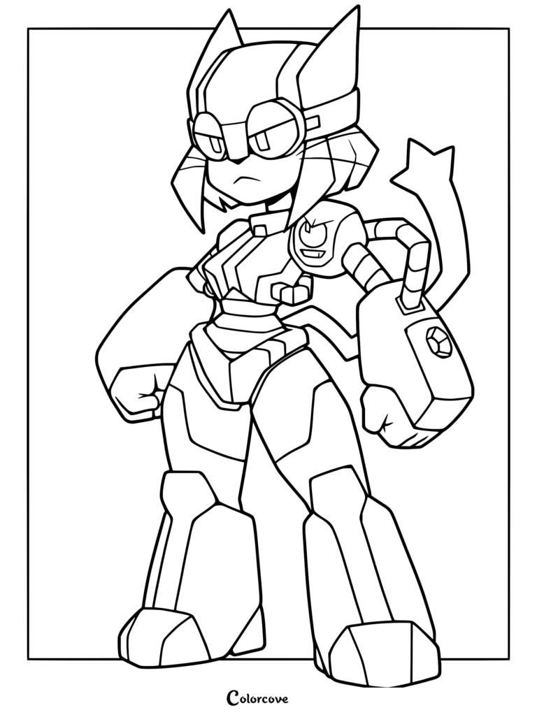 Line art coloring page of Kit wearing her Kibble Star armor, fused with her robotic sidekick Kaboodle.