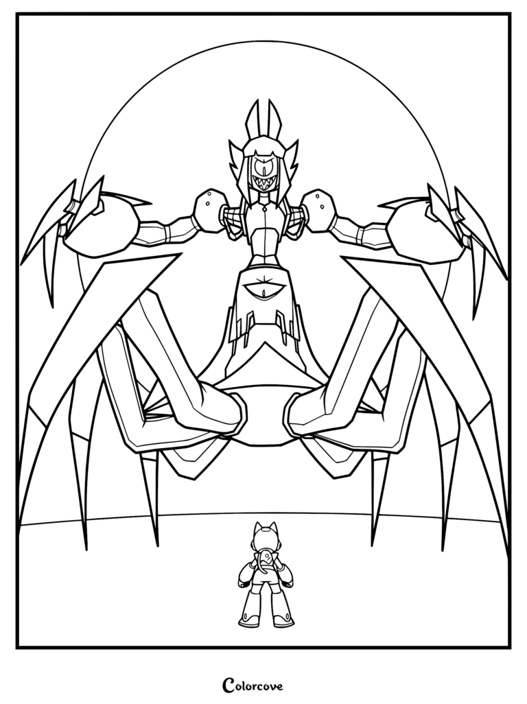 Kit standing before the towering, multi-legged robotic villain Malice in this detailed Gameoverse coloring page.