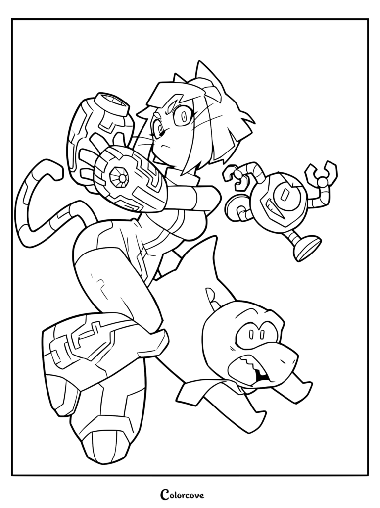 A black and white line art coloring page featuring Kit Bodega in her armored suit, her robotic sidekick Kaboodle, and the anxious dinosaur Gobbles in a dynamic action pose.