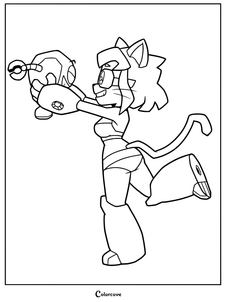 A printable coloring page featuring Kit Bodega holding her robotic sidekick Kaboodle in a dynamic pose.
