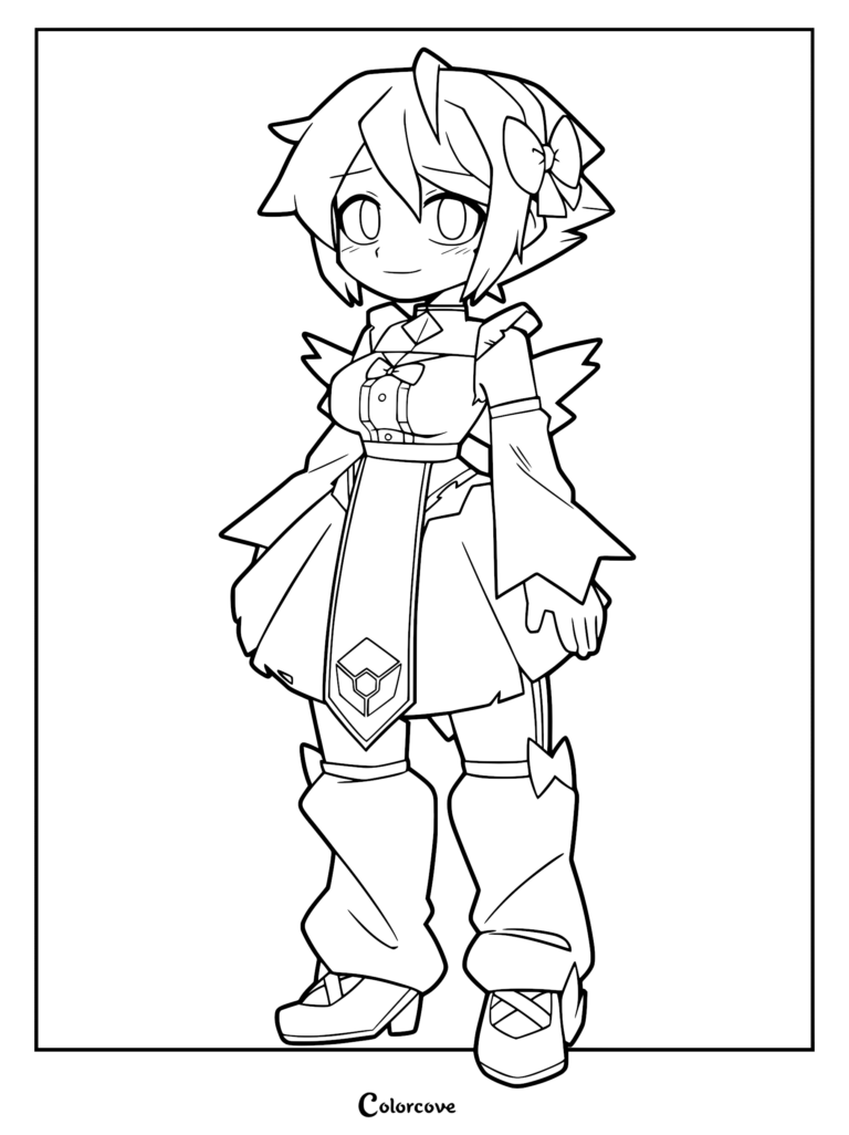 A printable coloring page featuring Lulu (Dark) from Gameoverse, showcasing her detailed outfit, bow accessory, and distinct character design in clean line art.