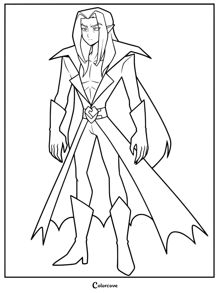 A clean line art coloring page featuring Dusk, the lavender-skinned leader of the Farcade, standing in his signature long coat and cape with long white hair.