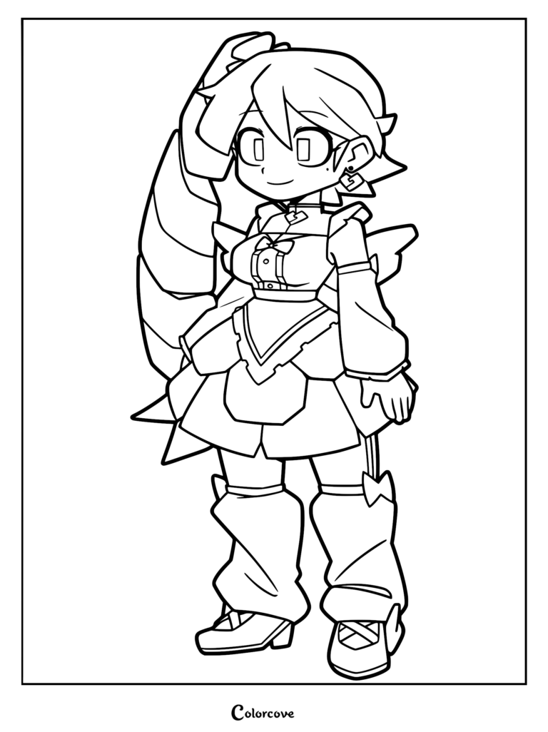 A black and white line art coloring page featuring Lulu from Gameoverse, standing in a full-body pose with her signature outfit and hairstyle.