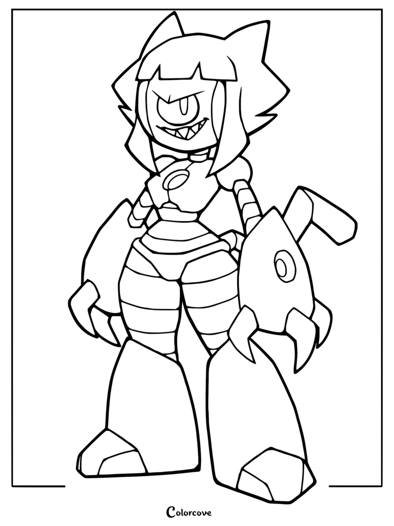 A clean line art coloring page of Malice from Gameoverse, featuring her robotic feline-inspired design, sharp claws, and single-eyed visor.