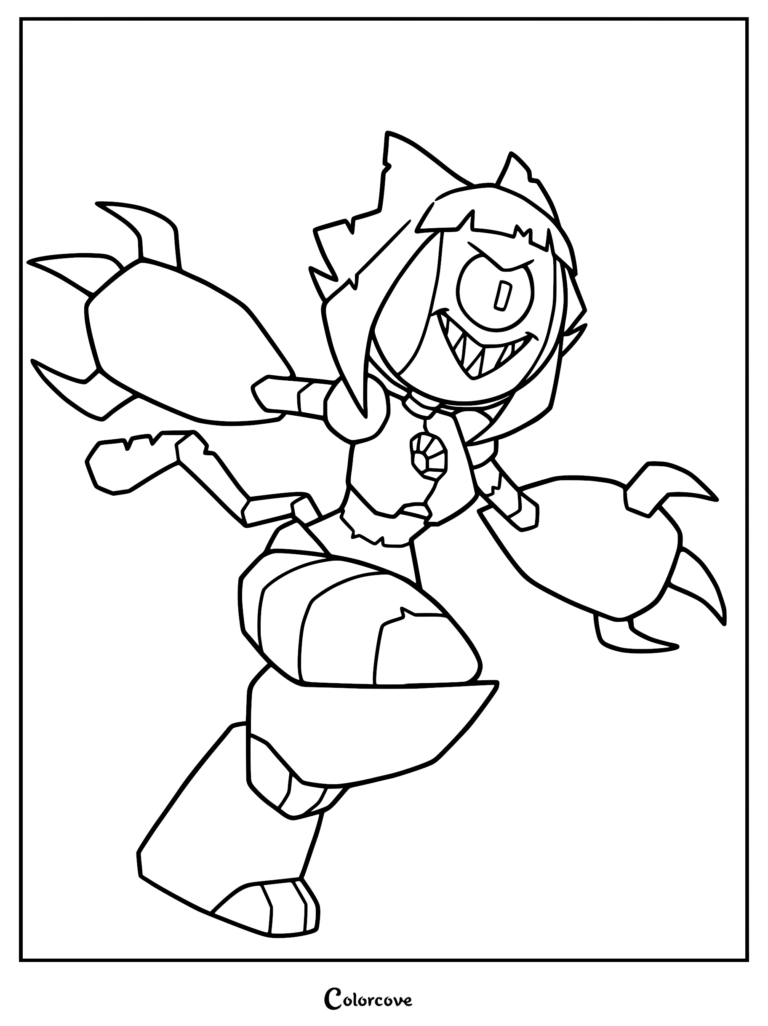 A black and white line art coloring page featuring Malice from Gameoverse, showcasing her robotic one-eyed design, sharp teeth, and large clawed hands in a dynamic action pose.