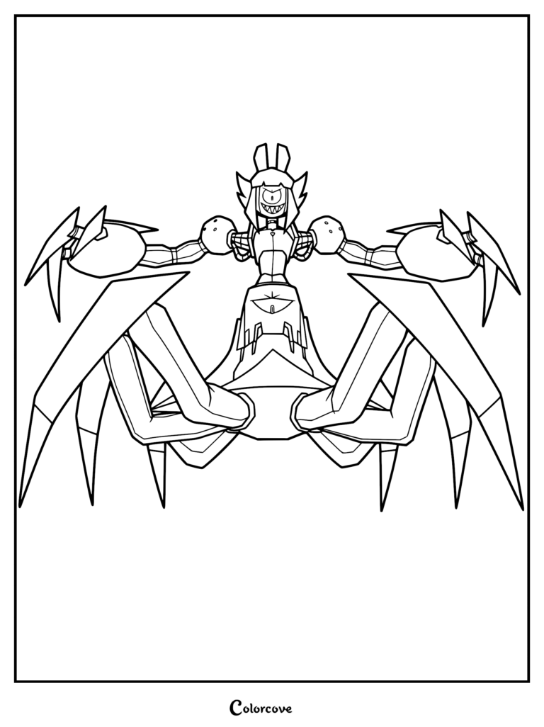 A detailed coloring page of the robotic entity Malevolence from Gameoverse, featuring the combined form of Malice and Mayhem with sharp claws and multiple mechanical legs.