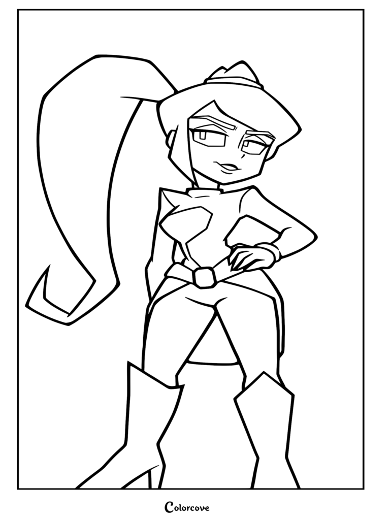Miss Information from Gameoverse standing with hands on hips in a confident pose, black and white line art coloring page.