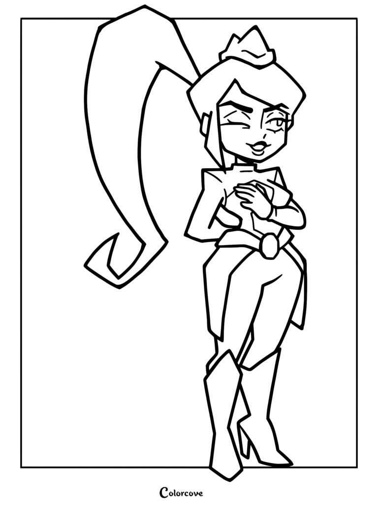 Miss Information from Gameoverse standing in a confident pose with a high ponytail, wearing her signature outfit, presented as a clean line art coloring page.
