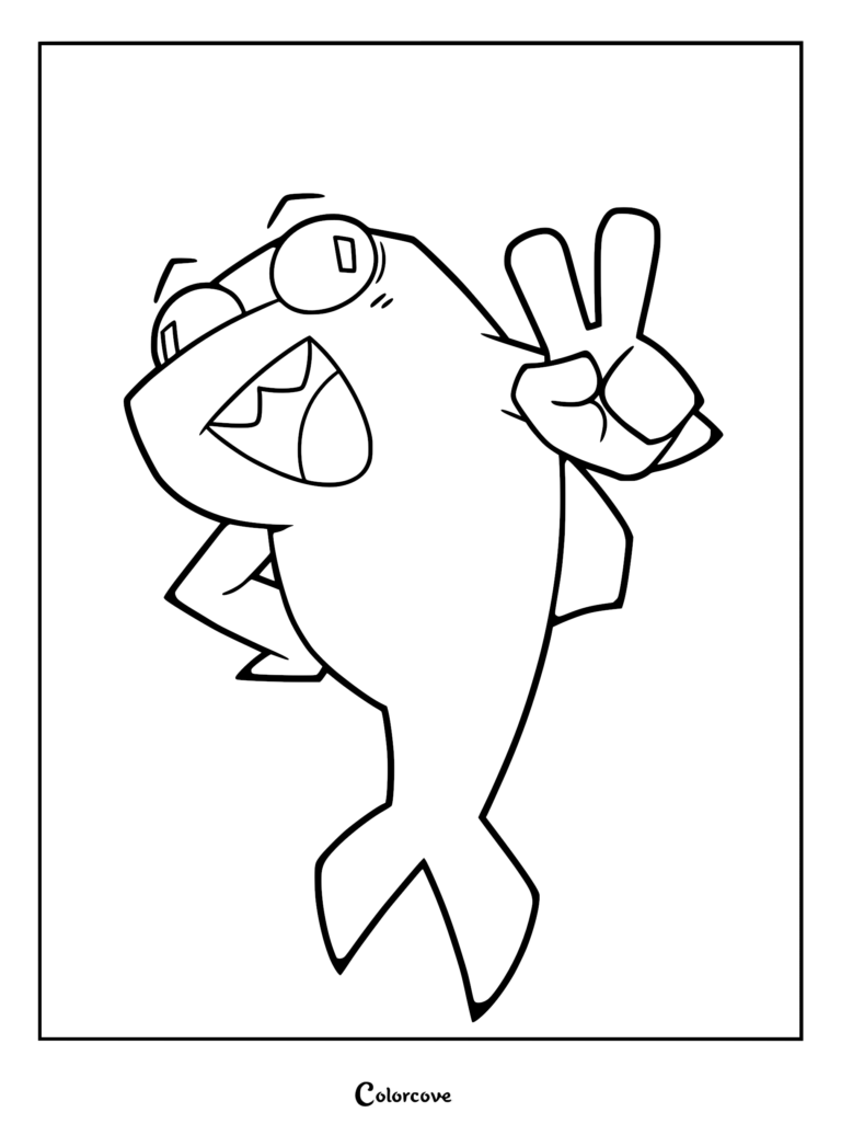 A black and white line art coloring page of Flappers from Gameoverse, smiling and holding up a peace sign with his fin.