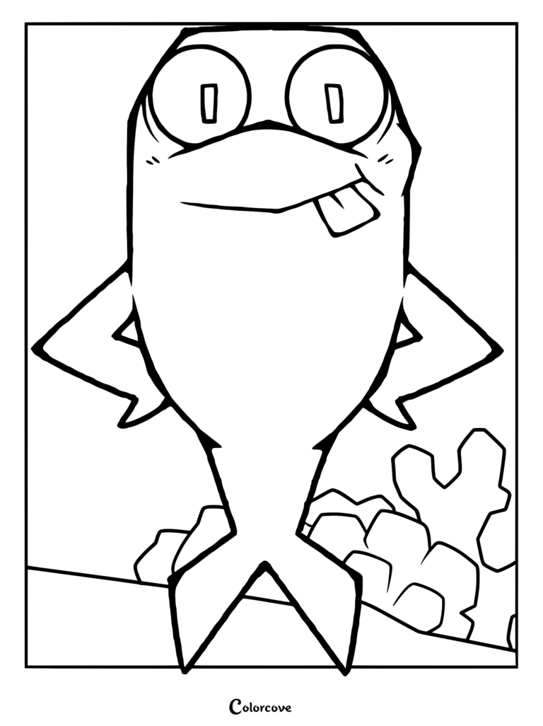 A line art coloring page featuring Flappers the superhero dolphin from Gameoverse, standing with hands on hips and tongue sticking out near coral.