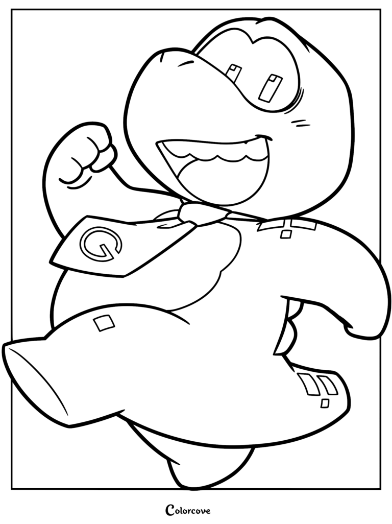 A black and white line art coloring page of Gobbles from Gameoverse, depicted as a cheerful dinosaur wearing a tie with a G emblem, running forward with a wide smile.