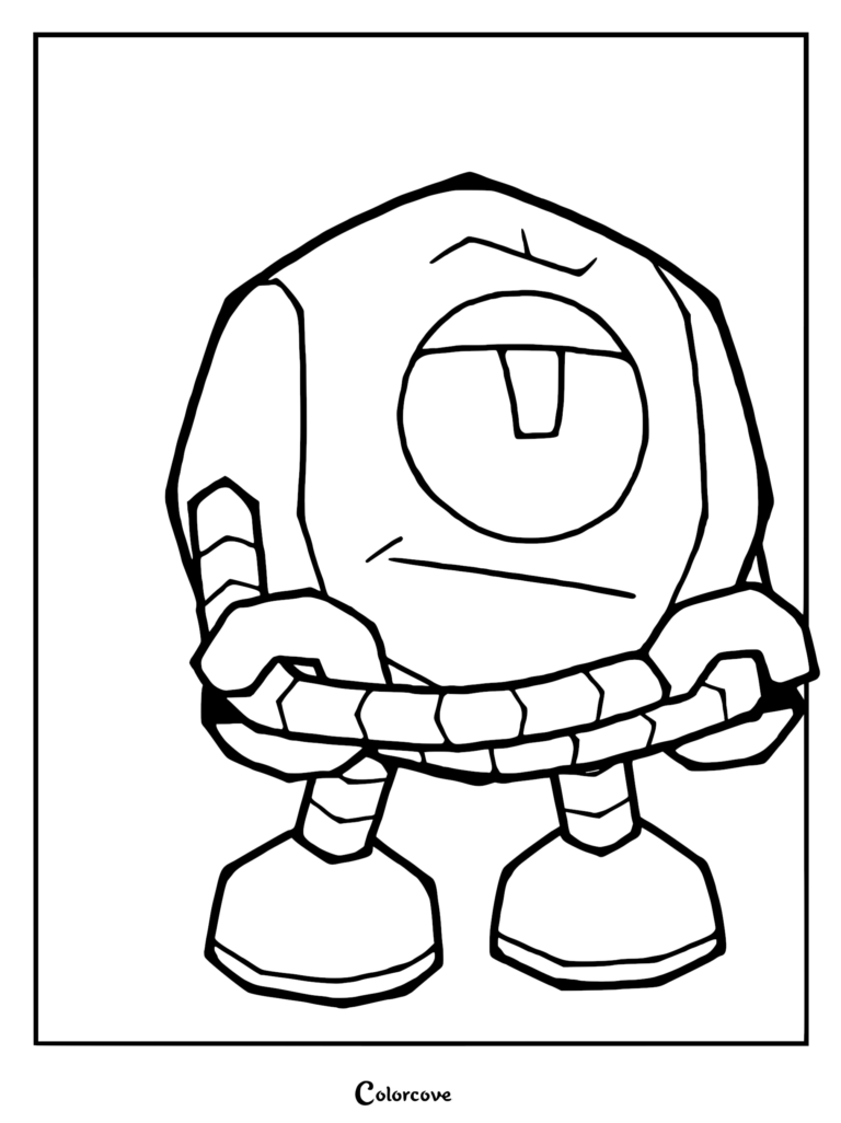 A black and white line art coloring page of Kaboodle from Gameoverse, featuring his robotic, spherical body and single eye.