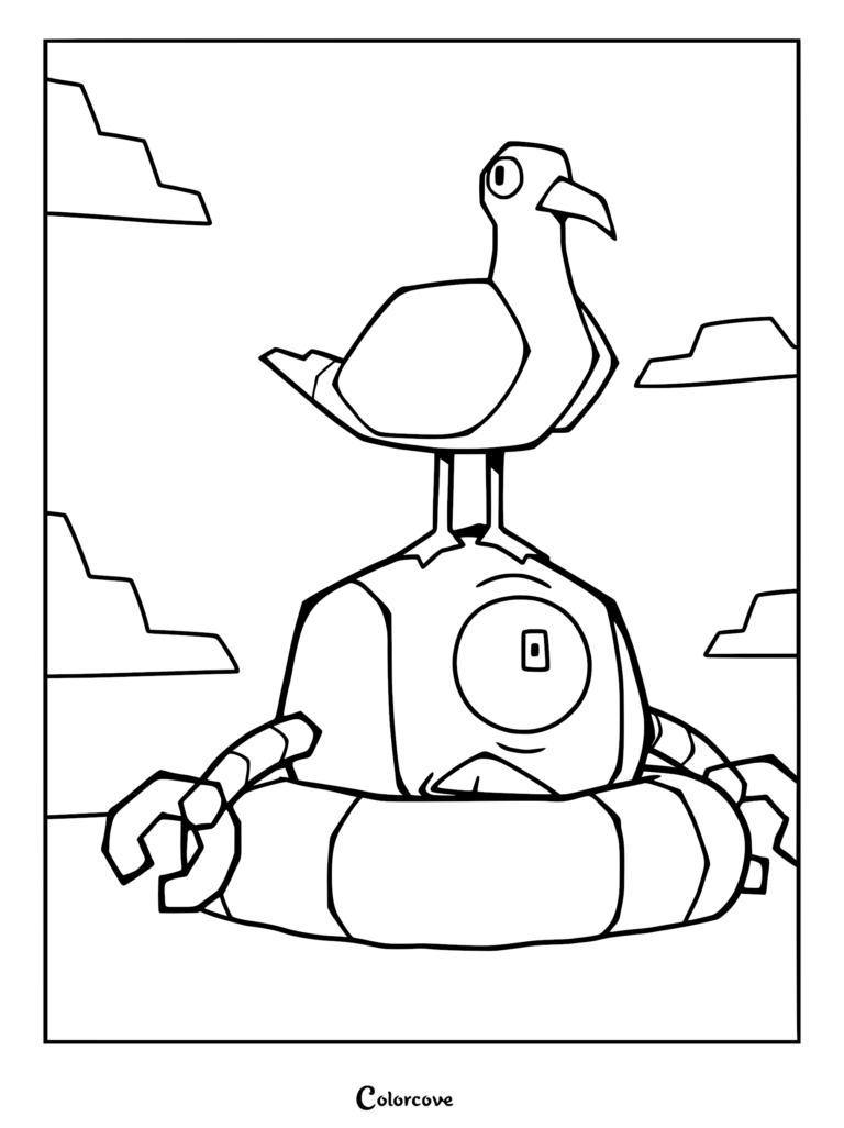 Kaboodle the robotic sidekick from Gameoverse sitting with a seagull perched on top of his head in this printable coloring page.