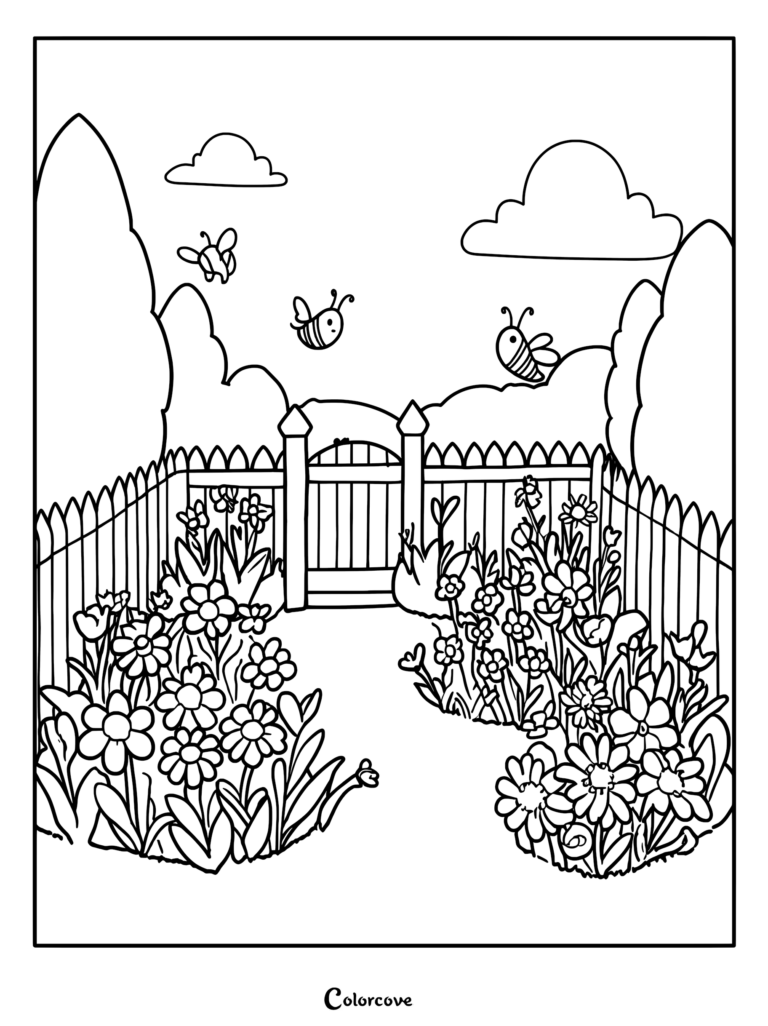 A printable coloring page featuring a garden path leading to a picket fence gate with three cartoon bees flying above blooming flowers.
