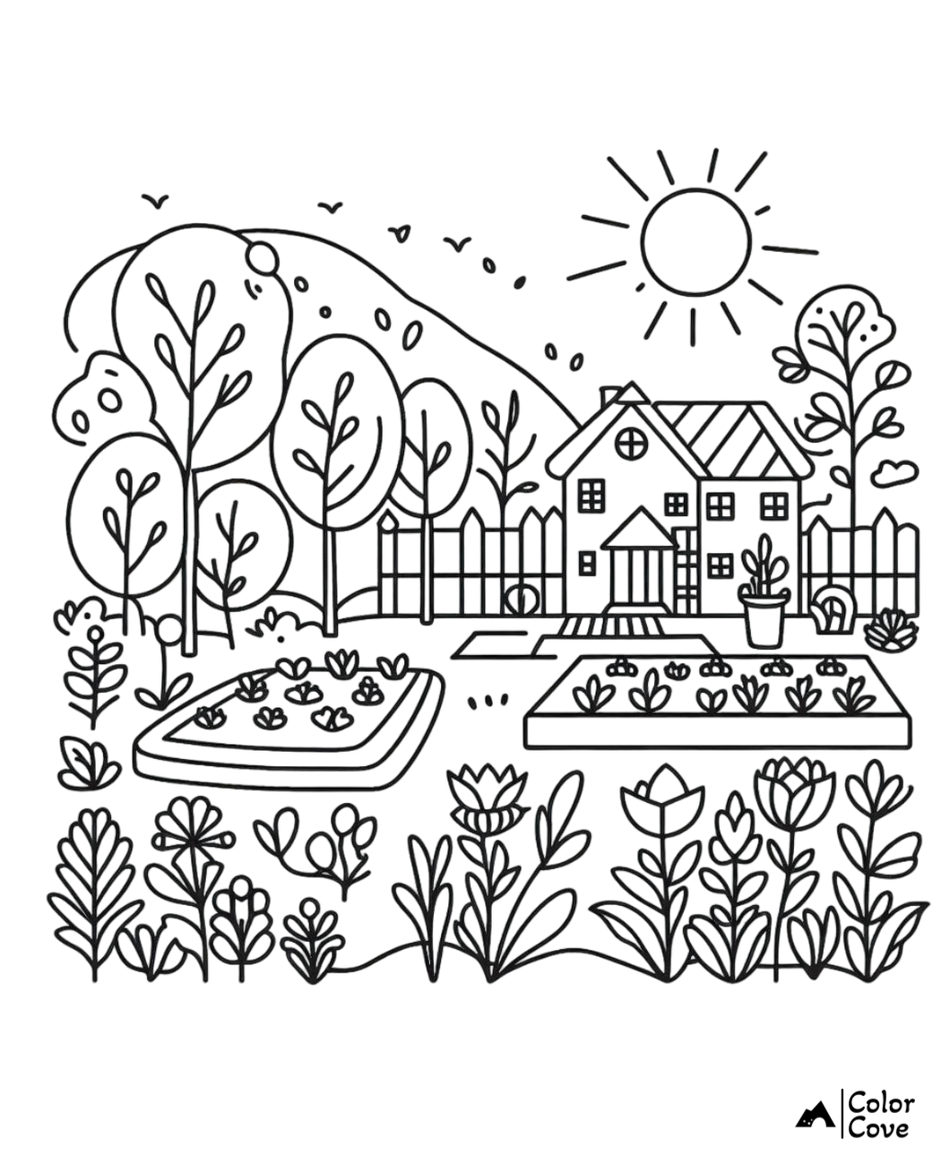 A peaceful garden coloring page featuring a house, trees, flowers, and a bright sun on a clear day.