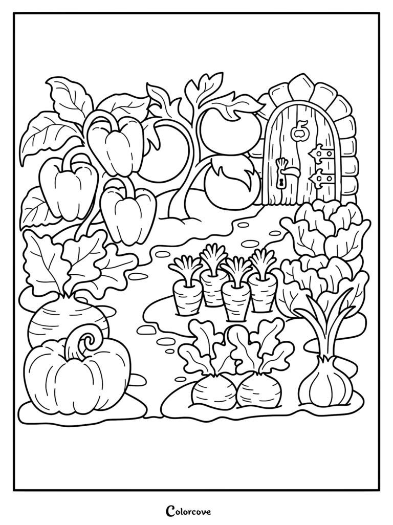 A printable coloring page featuring a vegetable garden with peppers, tomatoes, carrots, and a small arched fairy door.