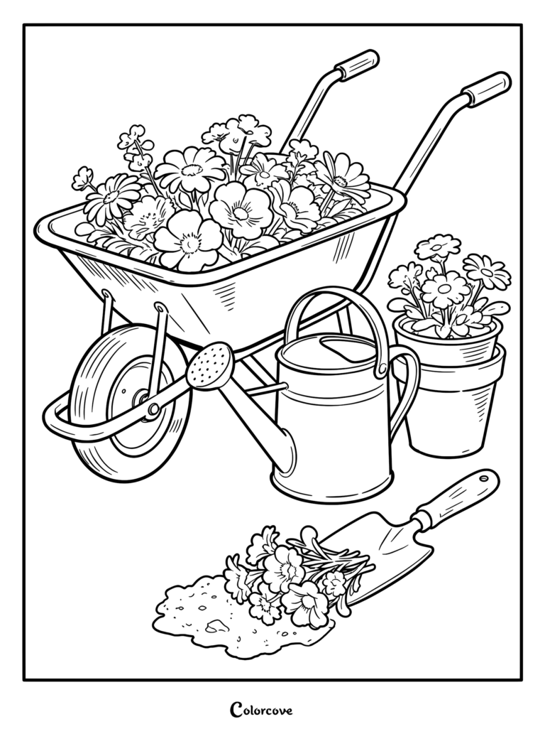 A garden coloring page featuring a wheelbarrow full of flowers, a metal watering can, potted plants, and a hand trowel with soil.