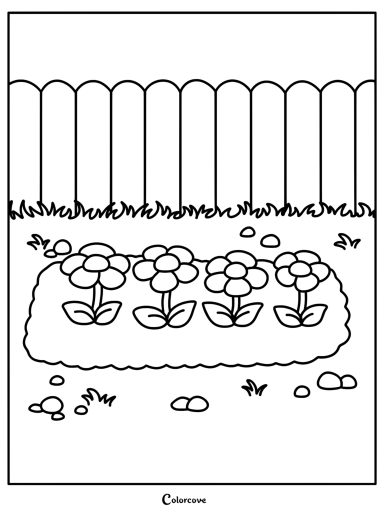 A simple coloring page featuring four flowers in a garden bed in front of a wooden picket fence.