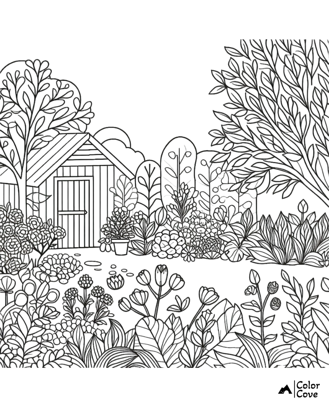 Coloring page featuring a garden scene with a shed, trees, bushes, flowers, and a decorative path.