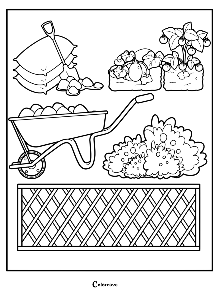 A garden coloring page featuring a wheelbarrow filled with produce, bags of soil with a shovel, tomato plants, bushes, and a wooden lattice fence.