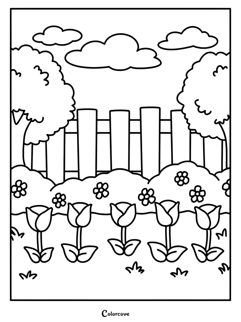 A simple garden coloring page featuring a row of five tulips in the foreground, a picket fence, bushes, and fluffy clouds in the sky.
