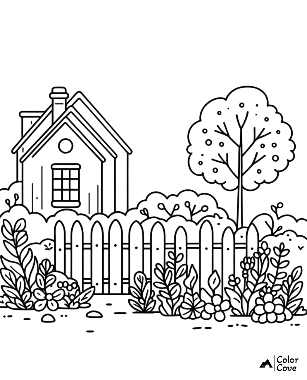 Coloring page featuring a cozy house, picket fence, tree, and garden with various plants and flowers.