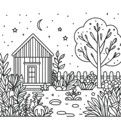 Rustic cottage coloring page with a garden, trees, and a night sky with stars and a crescent moon.