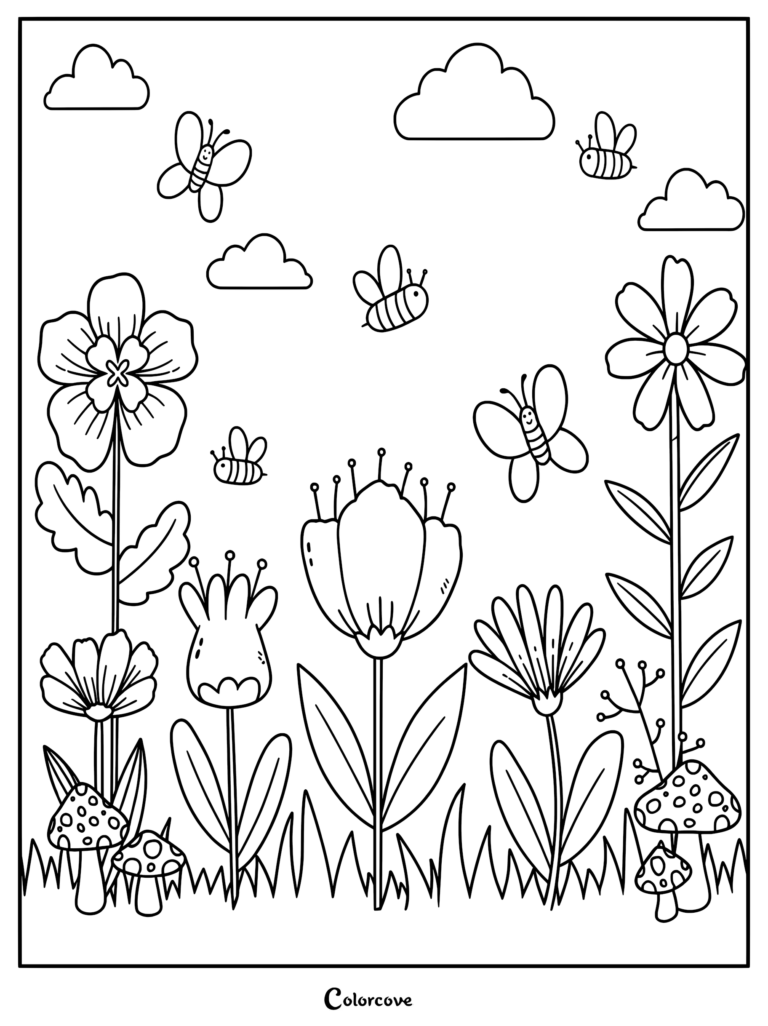 A garden coloring page featuring various flowers, mushrooms, butterflies, and bees under a cloudy sky.