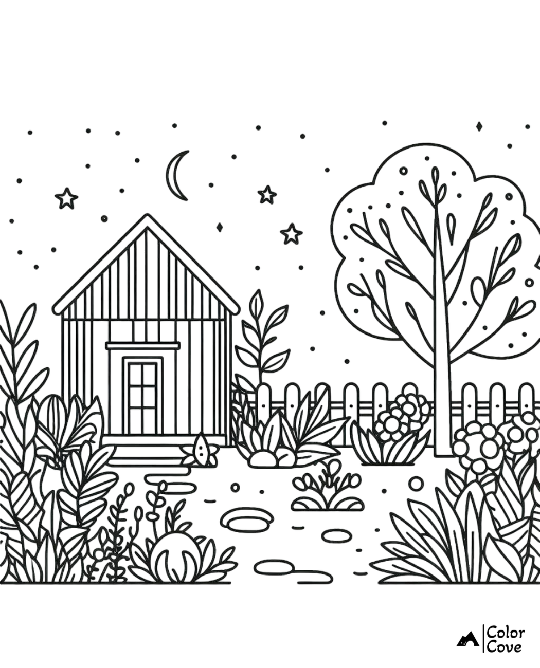 Rustic cottage coloring page with a garden, trees, and a night sky with stars and a crescent moon.