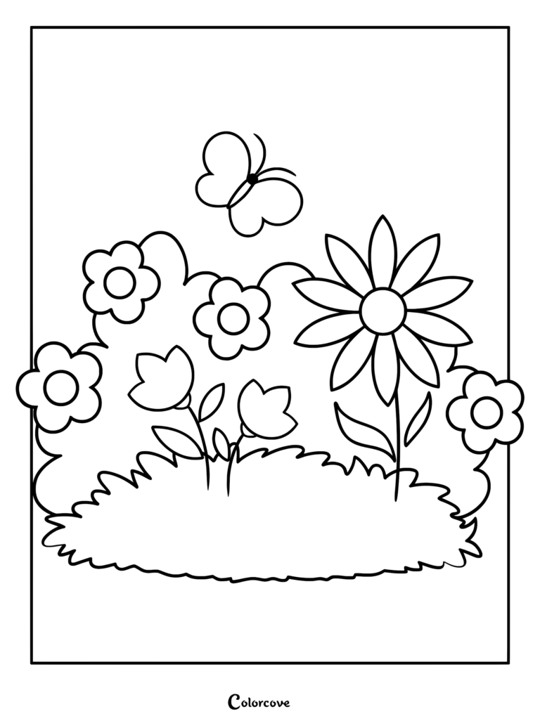 A simple coloring page featuring a butterfly hovering above a patch of various flowers and grass.
