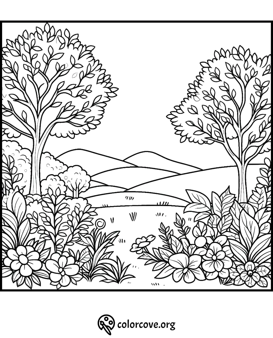 Coloring page featuring a picturesque landscape with trees, hills, and detailed flowers. Explore nature and greenery.